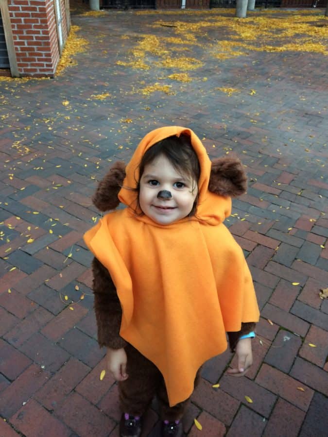 Ewok Costume Tutorial by using my daughter's clothing as a pattern, furry fabric and orange felt from Joann Fabric's, and black eye liner.