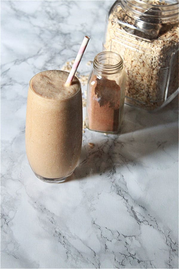 Caramel Apple Pie Smoothie Recipe prepared with fresh Spiced Caramel, apples, frozen bananas, almond milk, and rolled oats are blended together for a treat!