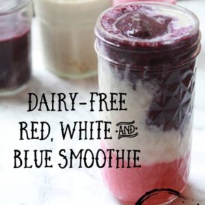 Enjoy this Dairy-Free Red White & Blue Smoothie to keep you cool on our Patriotic holidays or any day! Bananas, almond milk, strawberries, and blueberries