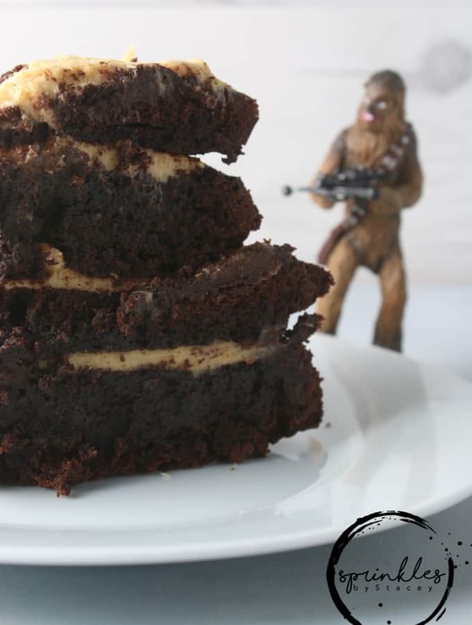 Melt in your mouth chocolate cake with creamy caramel filling! This Flourless Chocolate Cake with Caramel Cream is my daughter's Chewbacca cake